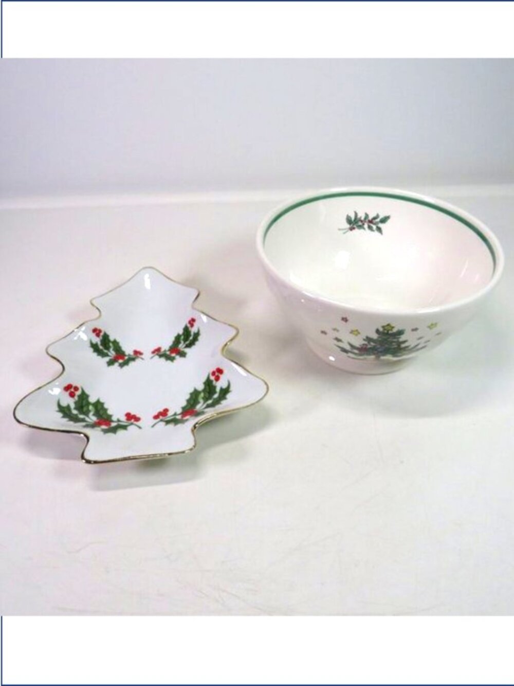 VTG Japan Christmas Dish Set: Nikko Happy Holidays Bowl & Porcelain Tree Dish